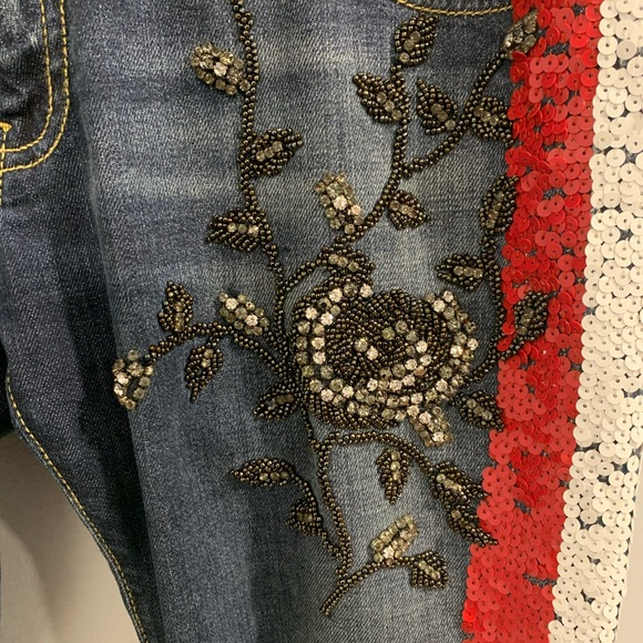 Italian Vibrant Red and White Skinny Beaded Jeans Sequence Side Accents - Picture 12 of 16